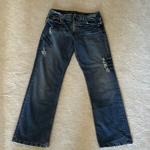 AX men jeans denim blue medium wash distressed loose relaxed straight leg cotton